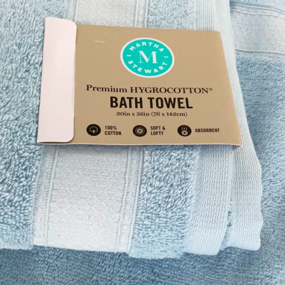 Martha Stewart set of 2 hygrocotton bath towels. Color is Angel Falls blue.